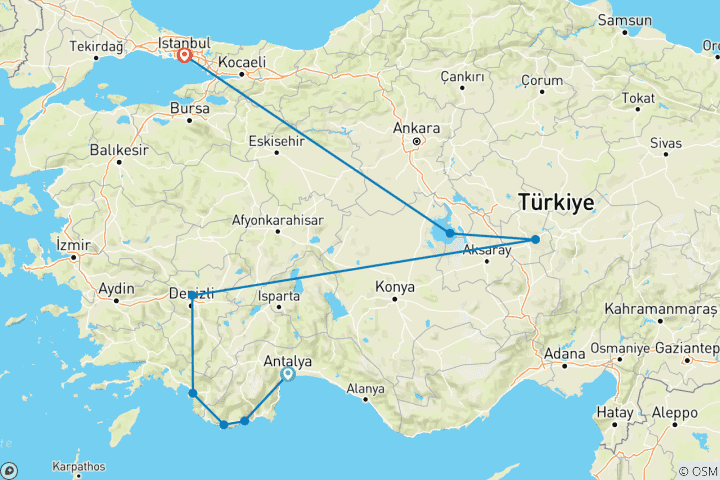 Carte du circuit Croisière Antalya - Istanbul + Olympos - Fethiye - 9 jours