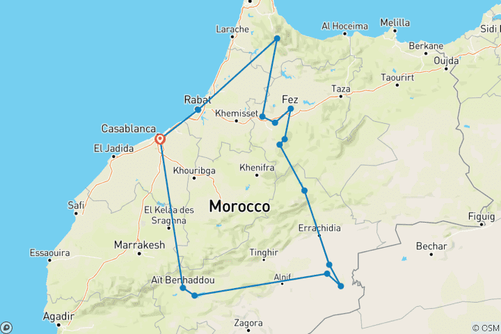 Kaart van Marokko 7 Daagse Hoogtepunten Tour