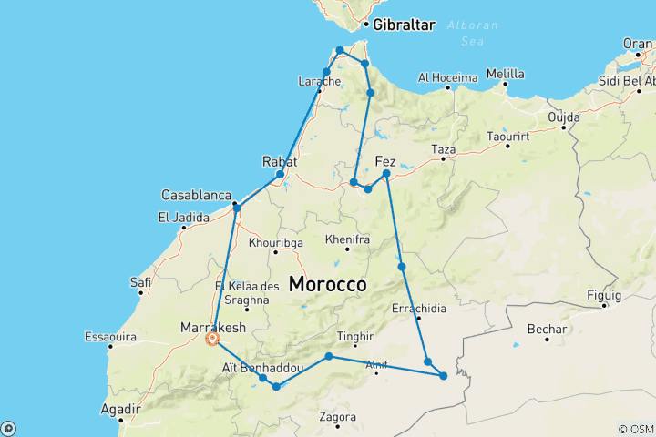 Kaart van 9-daagse Marokko reisroute vanuit Marrakech