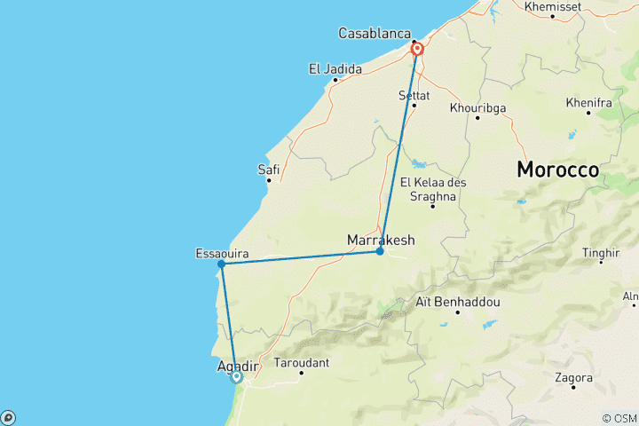 Carte du circuit Circuit privé de 3 jours à Marrakech et Casablanca depuis Agadir
