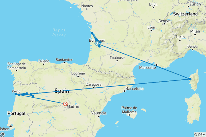Carte du circuit Bordeaux et le Douro avec Madrid 2027 - 24 jours (from Bordeaux to Madrid)
