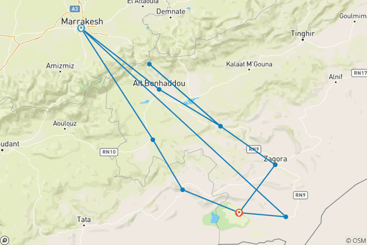 Kaart van Woestijnavonturen Marrakech naar Erg Chigaga 3 Dagen