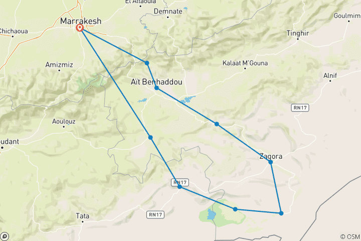Carte du circuit Desert Adventures Marrakech to Erg Chigaga 3 Days (Aventures dans le désert de Marrakech à Erg Chigaga)