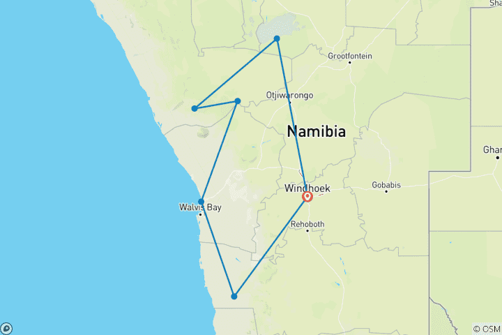 Map of 10-Day Namibia Desert, Wildlife & Culture Tour