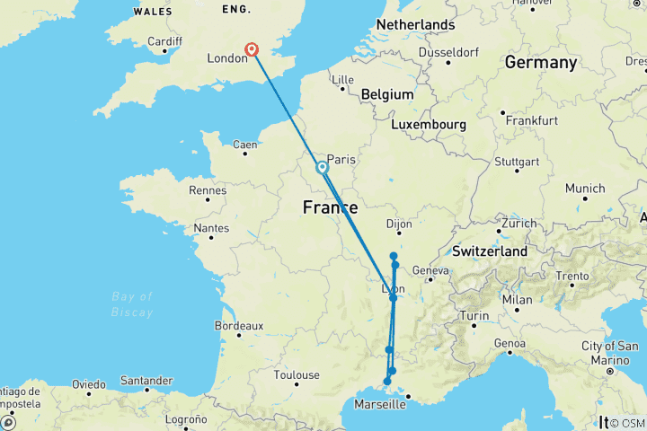 Karte von Spektakulärer Süden Frankreichs mit Paris & London 2027 - 16 Tage (9 Destinationen)