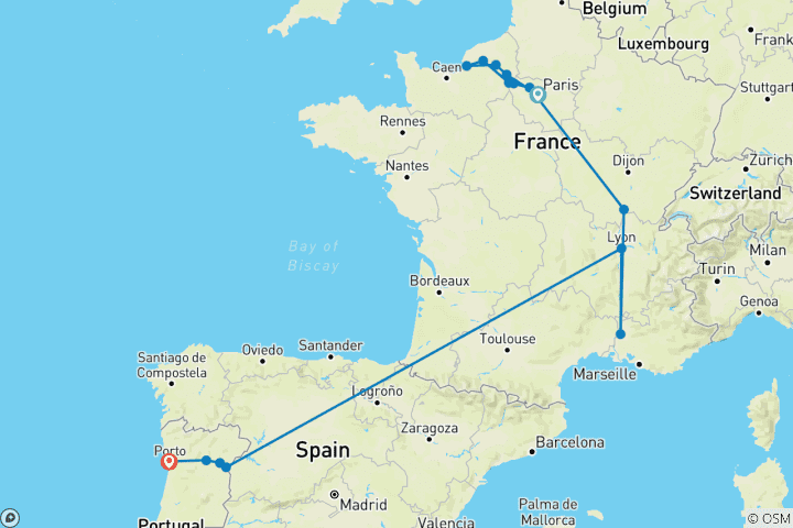 Map of France and Portugal Encounter 2027 - 31 Days (from Paris to Porto)