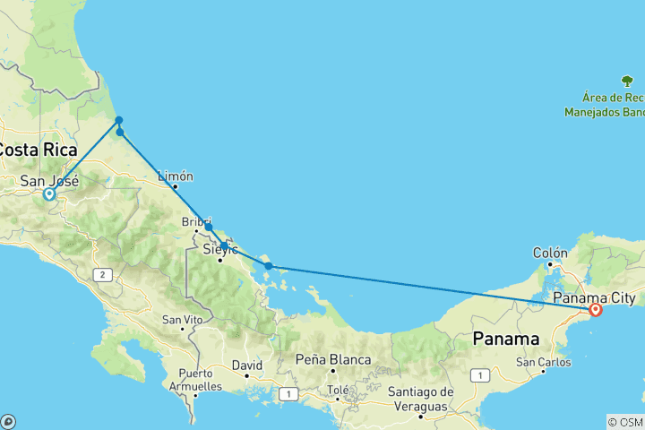 Carte du circuit Costa Rica et Panamá - 11 jours