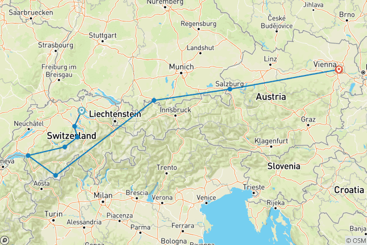 Carte du circuit Merveilles de la Suisse et de l'Autriche 2026 - 15 jours (from Zurich to Vienne)