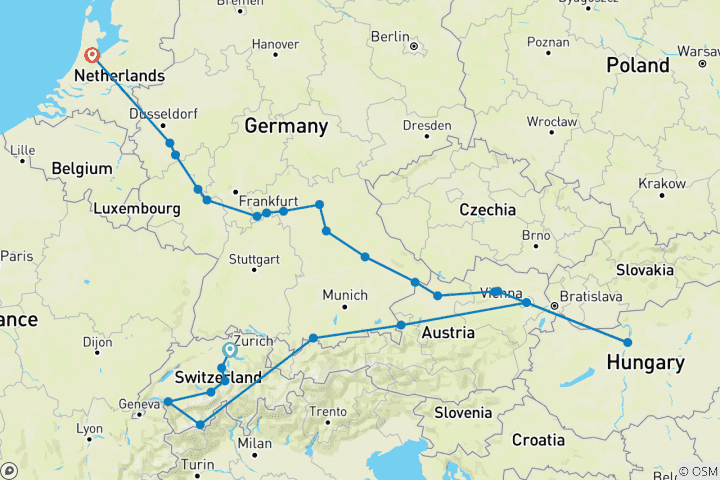 Map of Jewels of Europe with Wonders of Switzerland & Austria 2026 - 29 Days (from Zurich to Amsterdam)