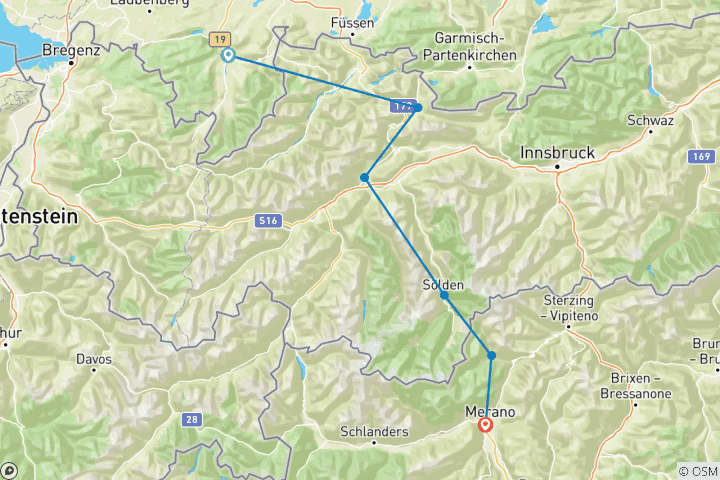 Karte von Leichte Alpenüberquerung vom Allgäu nach Südtirol mit Hotelkomfort (8 Tage)