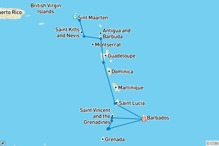 Carte du circuit Découvrez les Caraïbes orientales et les Grenadines 2026 - 15 jours (from Marigot to Bridgetown)