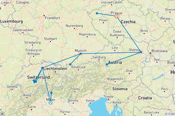 Map of 11-Day Europe by Train: Milan to Prague via Zurich, Munich & Vienna