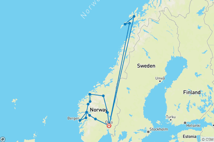 Map of NORWEGIAN FJORDS,  CHARM AND TRADITIONS + LOFOTEN’S MIDNIGHT SUN