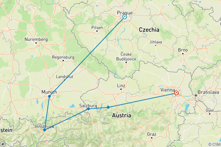 Carte du circuit Prague, Munich et Autriche