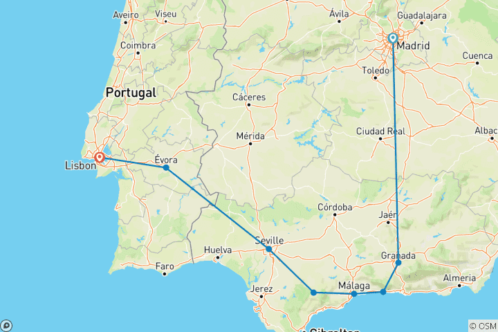 Kaart van Zuid-Spanje met Lissabon GO