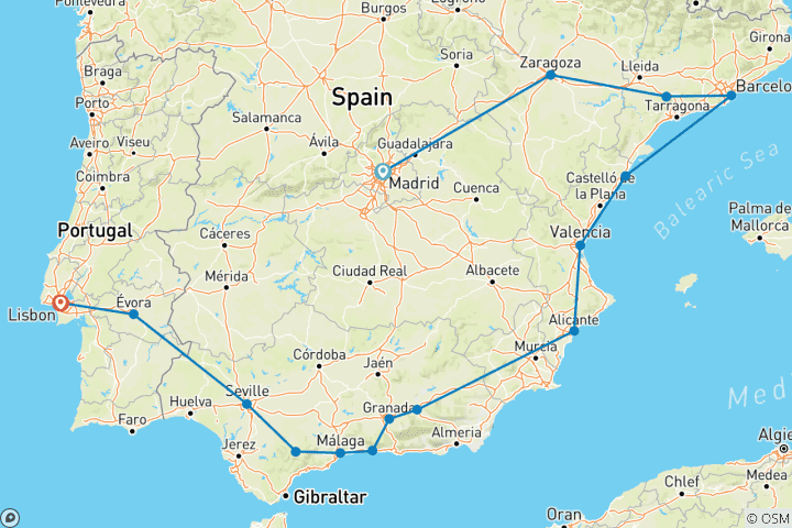 Kaart van Spaanse Ring met Lissabon (zonder Alhambra) GO