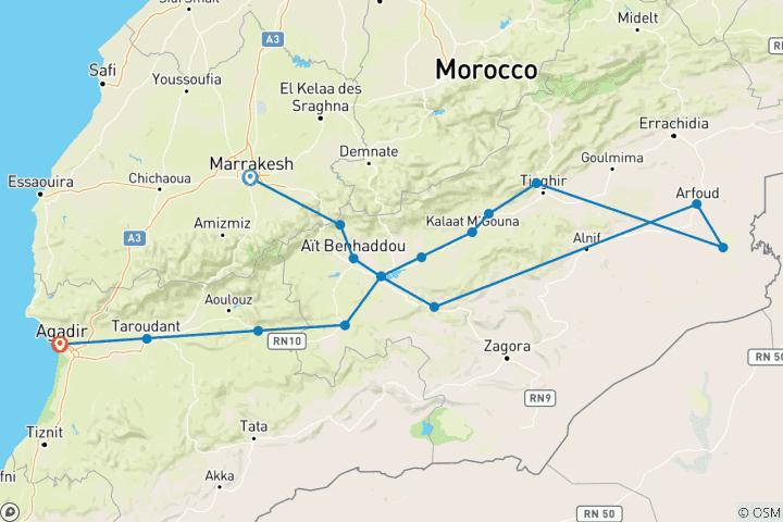 Karte von 4-tägige private Wüstentour von Marrakech nach Agadir