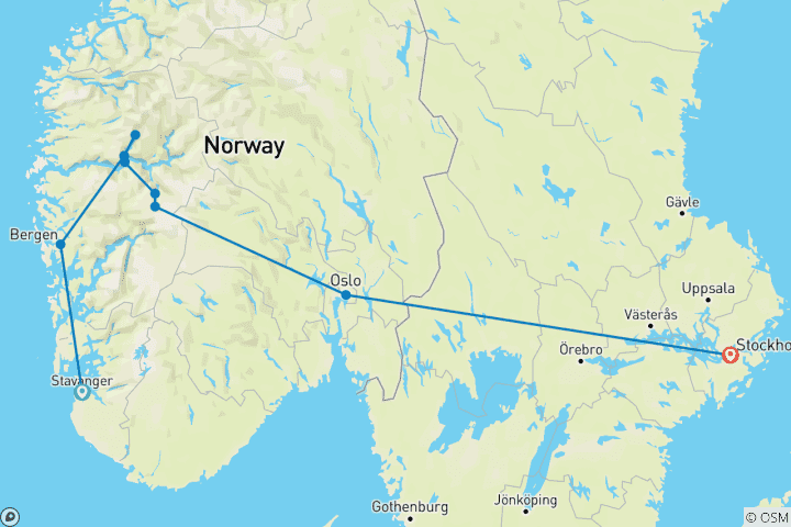 Kaart van Magie van de fjorden van Stavanger naar Stockholm