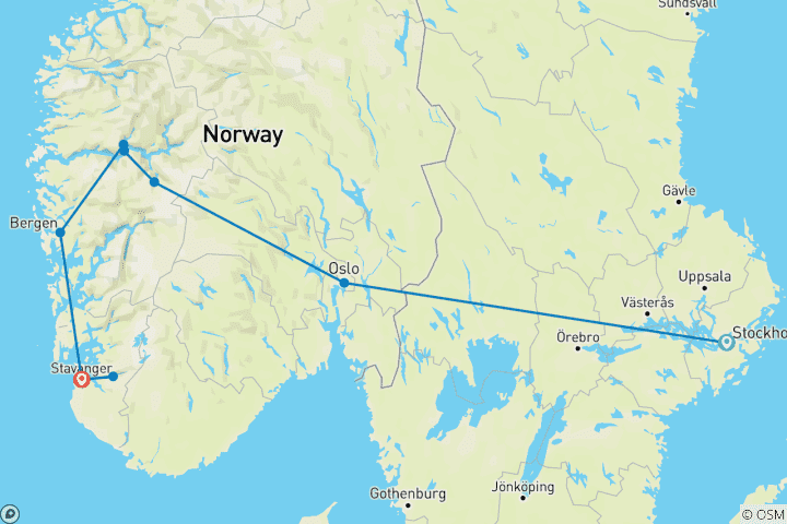 Carte du circuit Magie des fjords de Stockholm à Stavanger
