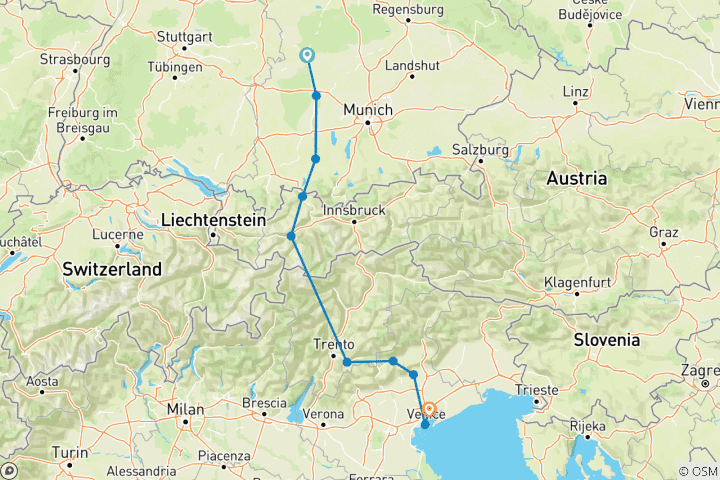 Karte von Via Claudia Augusta "Altinate" - das Original von Donauwörth nach Quarto d'Altino/ Venedig (13 Tage)