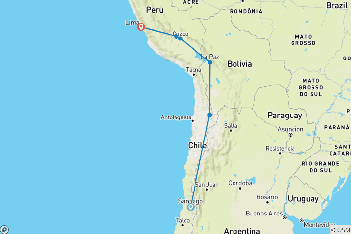 Carte du circuit Les points forts de la Bolivie et du Pérou (21 jours)