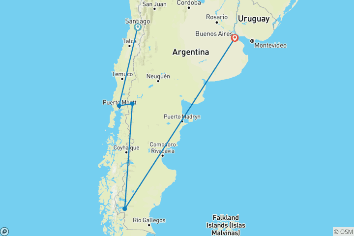 Carte du circuit Entre lacs, glaciers et grandes villes : De Santiago à Buenos Aires