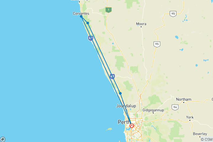 Map of Pinnacles & Swan Valley Wine Day Tour