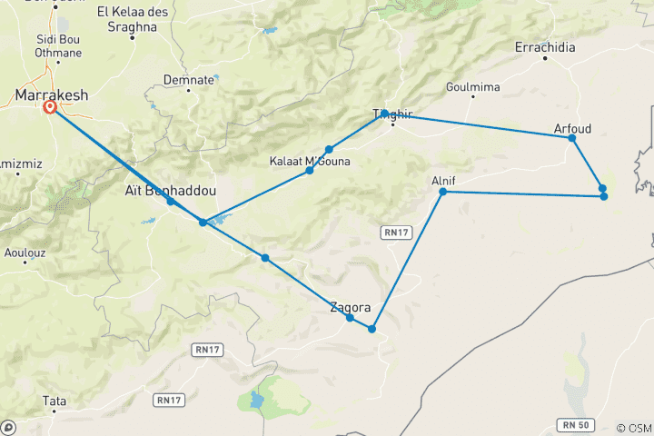 Karte von 4-tägige private Wüstentour nach Zagora & Merzouga von Marrakesch aus