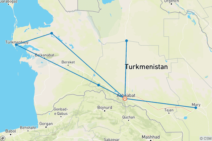 Kaart van Kleine groepsrondreis Turkmenistan (incl. vlucht)