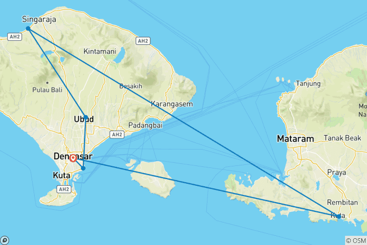 Map of Round Trip & swimming Bali incl. Flight (6 destinations)