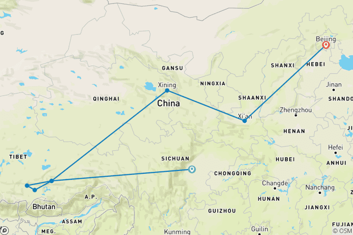 Carte du circuit Circuit - Chine avec Tibet (including Xi'an)