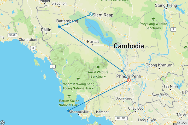 Karte von Kleingruppenrundreise & Baden – Kambodscha (inkl Flug)