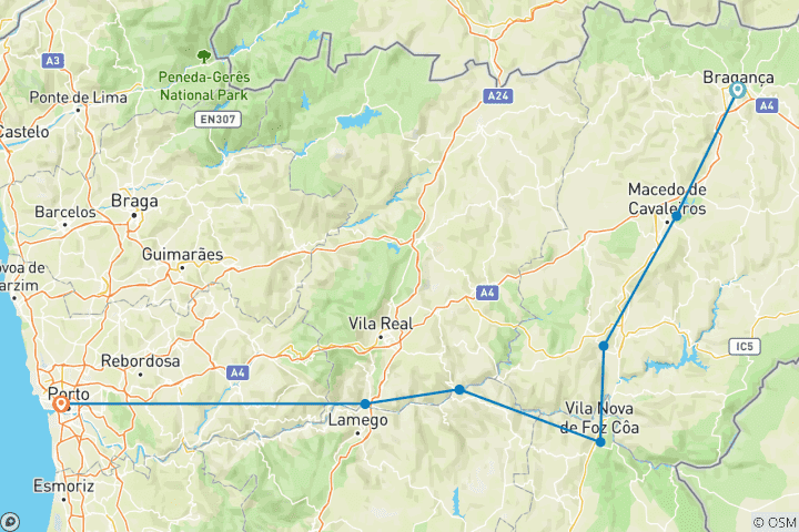 Kaart van De Dourovallei van Portugal - In het werelderfgoed van Bragança naar Porto (8 dagen)