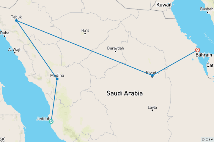 Map of Mysteries of Arabia and Bahrain (from Jeddah to Dammam)