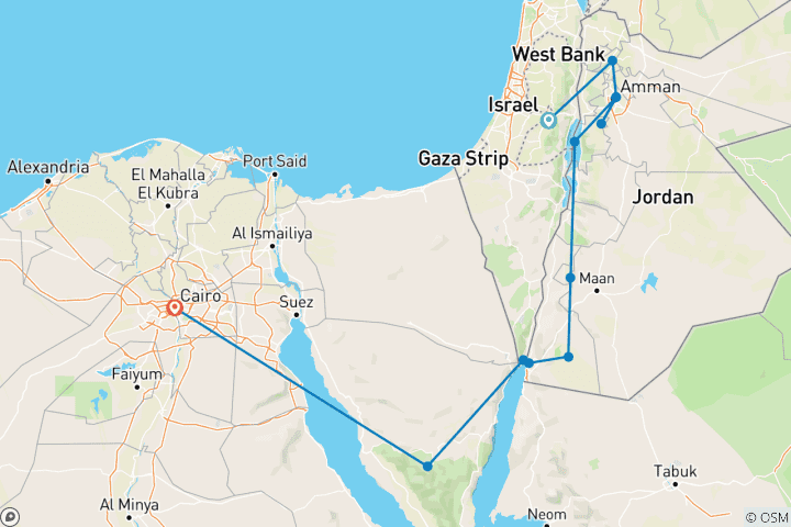 Mapa de Jerusalén clásica, Jordania y El Cairo (12 destinations)