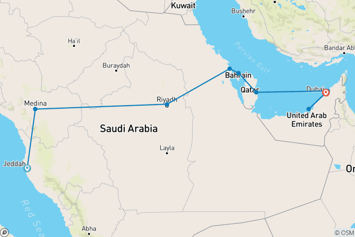 Carte du circuit L'Arabie saoudite avec Bahreïn, le Qatar et les Émirats, fin à Dubaï (9 destinations)