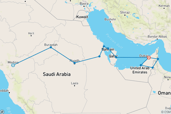 Carte du circuit Rêve arabe et perles du Golfe Persique (12 destinations)