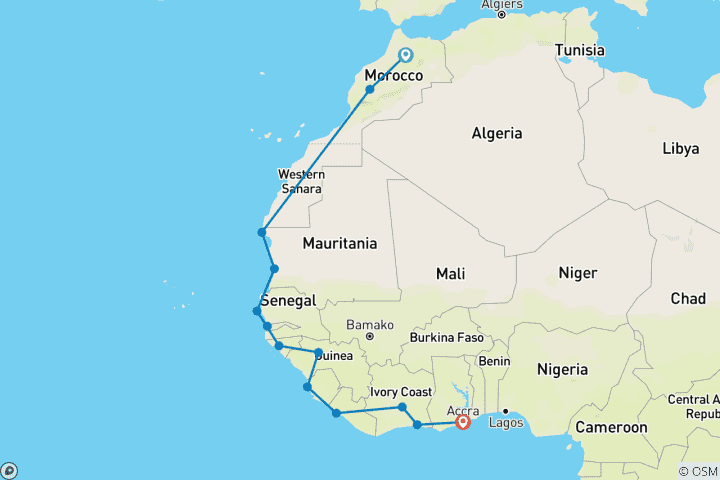 Carte du circuit Circuit terrestre en groupe - du Maroc au Ghana