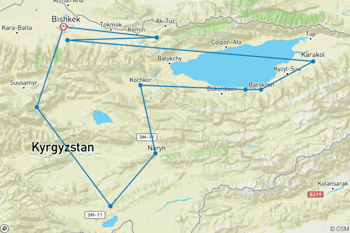 Map of Voyage en voiture hors des sentiers battus à travers les sommets du Kirghizistan 10 jours