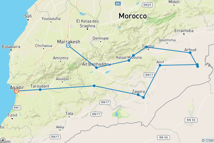 Map of 4-tägige private Tour nach Agadir über die Merzouga-Wüste von Marrakesch aus