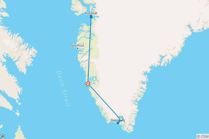 Map of Greenland Hiking Adventure 15 Days