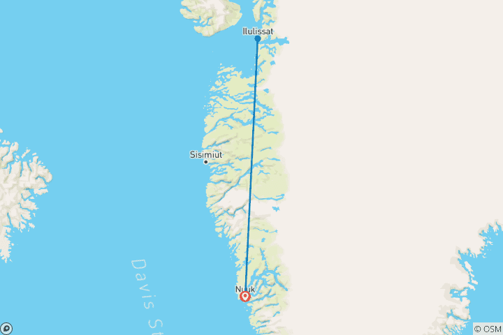 Carte du circuit Triangle d'or du Groenland (8 jours)