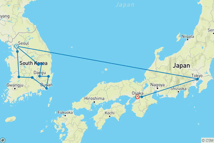 Carte du circuit Corée complète avec Tokyo, Kyoto et Osaka (13 destinations)