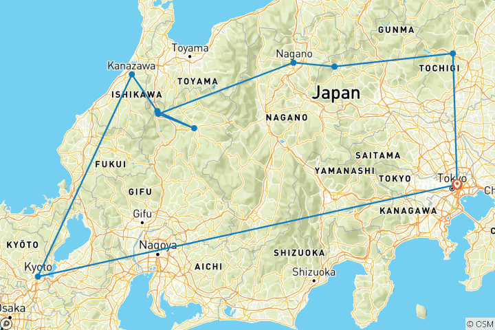 Carte du circuit Le Japon féodal et les Alpes japonaises (including Shirakawa-go)