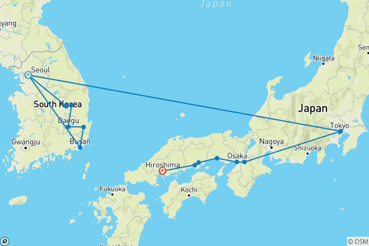 Kaart van Wonderen van Korea en Japan met Hiroshima (14 bestemmingen)
