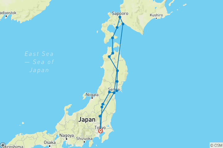 Carte du circuit Nord du Japon (17 destinations)