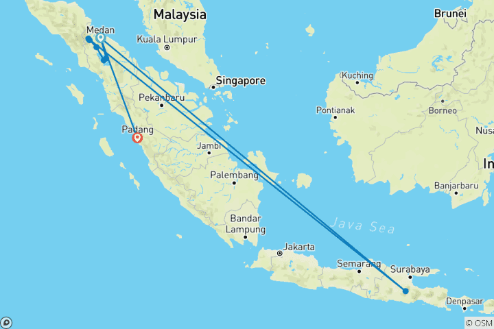 Carte du circuit 17 jours à la découverte de Sumatra, Indonésie : Orangs-outans, volcans et culture Mentawai