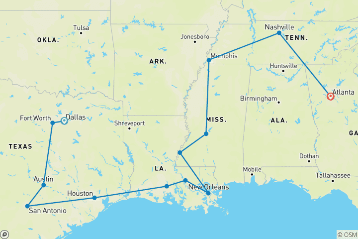 Map of USA - 14 Tage The Great American South