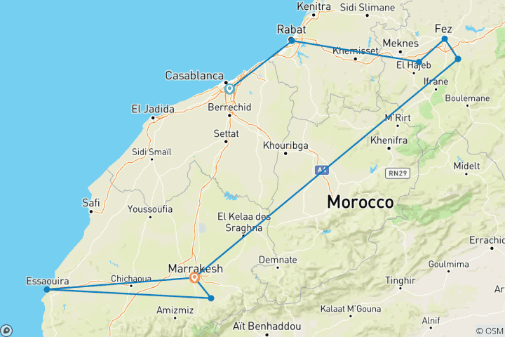 Kaart van 9 Daagse Joods Erfgoed Marokko Rondreis Privé Synagoge Bezoeken