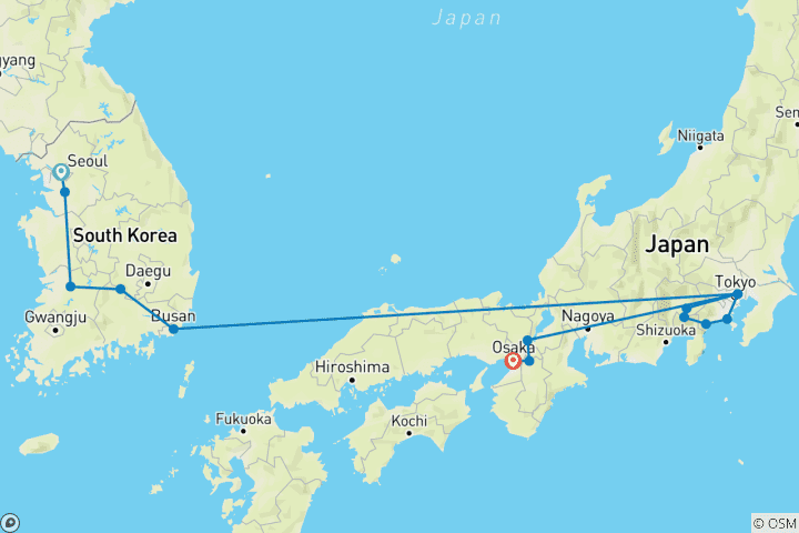 Carte du circuit Instantanés coréens et Japon avec Hakone (14 destinations)